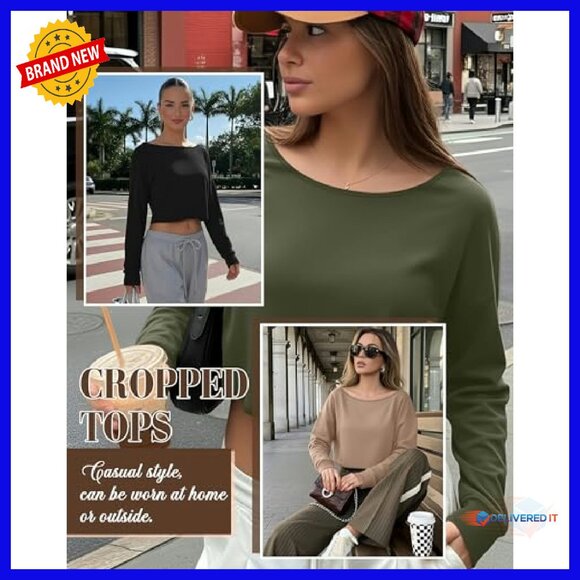 3 Pack Women's Cropped Long Sleeve Tops Boat Neck Loose Fit Tees - Picture 3 of 7